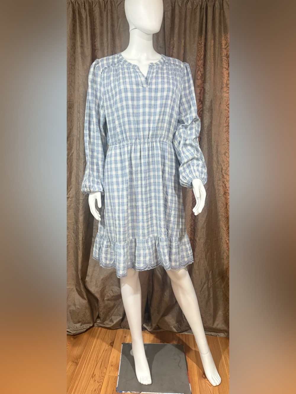 Daniel Rainn Blue Plaid Ruffle-Hem Midi Dress